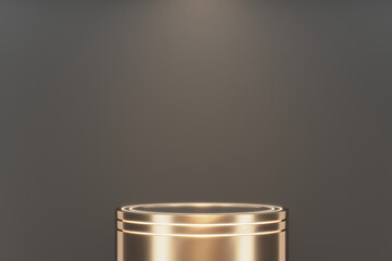 Golden podium for your design. Cylindrical pole, golden trumpet, museum stage, product pedestal or podium. 3d render