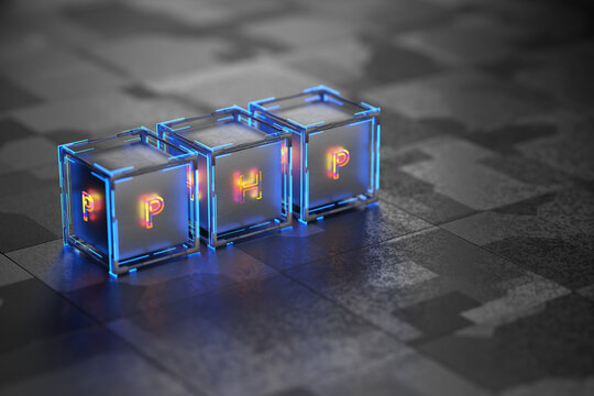 Tech cubes with php inscription. Php programming concept. 3d render.