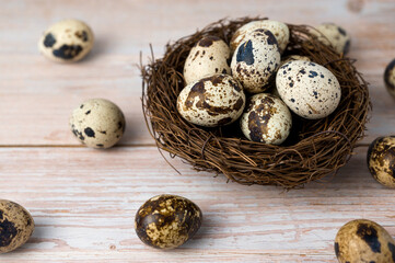 Obraz premium Fresh quail eggs. Rustic style on wood background. Easter banner with place for text