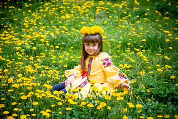 little beautiful girl  in ukrainian yellow embroidery and wreath of flowers sitting on green and yellow meadow with dandelions