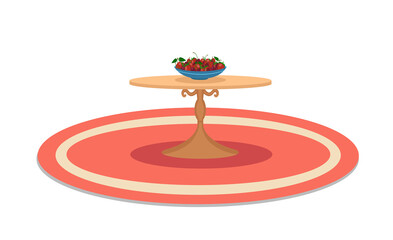 Flat interior composition. Composition from a table, a carpet and a plate with berries. Stock vector illustration isolated on white background.
