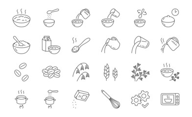 Oatmeal doodle illustration including icons - oat porridge bowl, muesli, granola, grain, jug, boiled rice water pot, healthy meal, wheat, whisk. Thin line art about breakfast food. Editable Stroke - 510662845