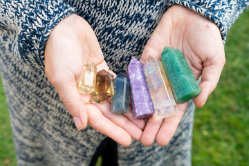 Healing crystals on brown background