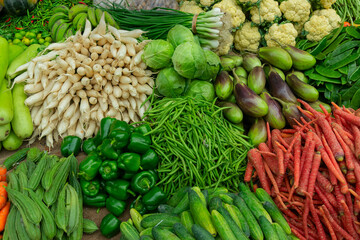 Vegetables for sale in a market in Territy Bazar, Kolkata, West Bengal, India.