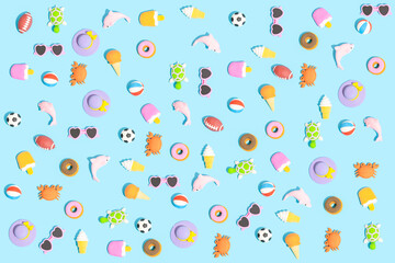Trendy sunlight Summer pattern made with various summer things on bright light blue background. Minimal summer vacation concept.