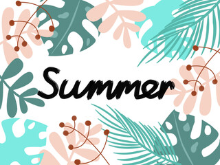 Hand drawn summer banner on tropical leaves background