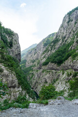 Narrow mountain gorge Plateau or canyon in Montenegro between the cities of Podgorica and Kolasin. Оne of the deepest and narrowest gorge in canyon of the Moracha River. Vertical image
