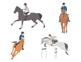Set of images of athletes and horses, equestrian sports, dressage, show jumping