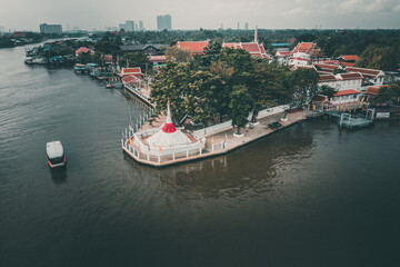 Aerial view of Wat Poramai Yikawat or wat Paramaiyikawat in Koh Kret, Nonthaburi, Thailand