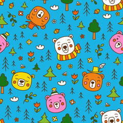 Cute baby bear animals in the forest. Seamless vector pattern with funny animals hand drawn in doodle style on blue background for kids textile, apparel, wrapping paper