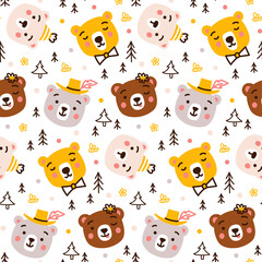 Seamless vector pattern with cute happy bear cub heads. Smiling animal characters on the background of the forest and trees. Cheerful print for children's textiles, clothes, wallpapers