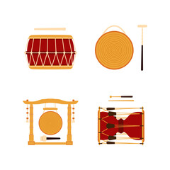 Set of traditional old Korean musical instruments - kkwaenggwari, janggu, jing gong and Korean drum. Vector illustration in flat style isolated on white background
