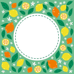 Cute colorful frame with lemons and flowers on green background. Bright summer fruits template for sales banners, cards, invitations