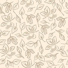 Seamless pattern in the style of botanical doodles with twigs of plants on a white background. Suitable for wrapping paper, various textiles, as well as as a background for printing.