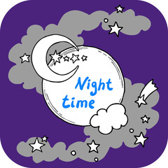 Good night theme frame with moon, stars and clouds on the dark sky. Quotes background, poster, card decoration. Hand drawn colourful vector  illustration. Cartoon retro vintage boho style drawing.