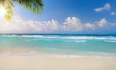 Fototapeta na wymiar Art beautiful summer tropical holiday background; suny sandy beach, palm tree and sunset sea sky