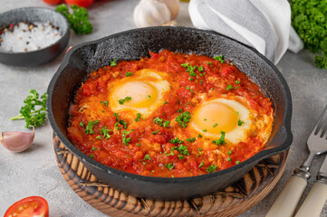Shakshuka in a frying pan on a gray concrete background with ingredients. Eggs cooked in tomato sauce with spices and fresh parsley on top. Copy space.