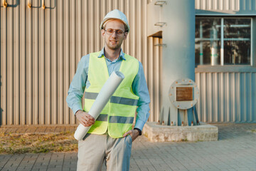 Foreman supervisor in suit and helmet on head, holding folder with documents at industrial factory.