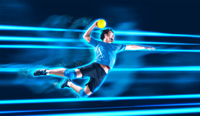 Handball player in action. Blue neon background