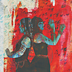 Gypsy dancer women with painted flames in an art photo mixed media illustration. 