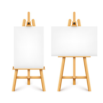 Realistic paint desk with blank white canvas. Wooden easel and a sheet of drawing paper. Presentation board on a tripod. Artwork mockup, template. Vector illustration