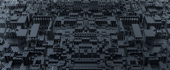 Abstract board city with metallic coating. Chrome plated aluminum surface 3d render of details and schemes in futuristic and interior combination of architectural solutions