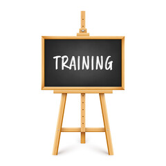 Realistic black chalkboard on wooden easel. Blackboard in wooden frame on a tripod. Presentation board with text, writing or drawing surface. Online studying, learning mockup. Vector illustration