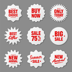 Realistic price tags collection. Special offer or shopping discount label. Retail paper sticker. Promotional sale badge. Vector illustration.