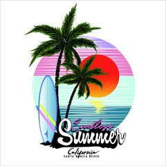 Obraz premium Summer beach is vector tee shirt summer artwork, tropical sunset. surf and beach. vintage beach print. tee graphic design