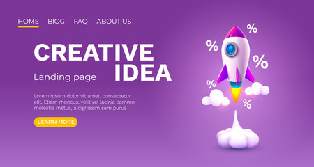 Creative idea landing page, rocket space banner. Vector