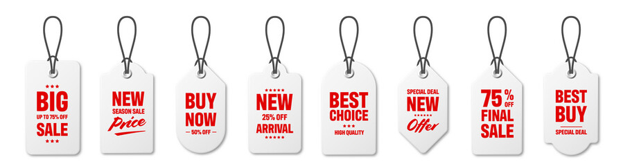 Realistic price tags collection. Special offer or shopping discount label. Retail paper sticker. Promotional sale badge. Vector illustration.