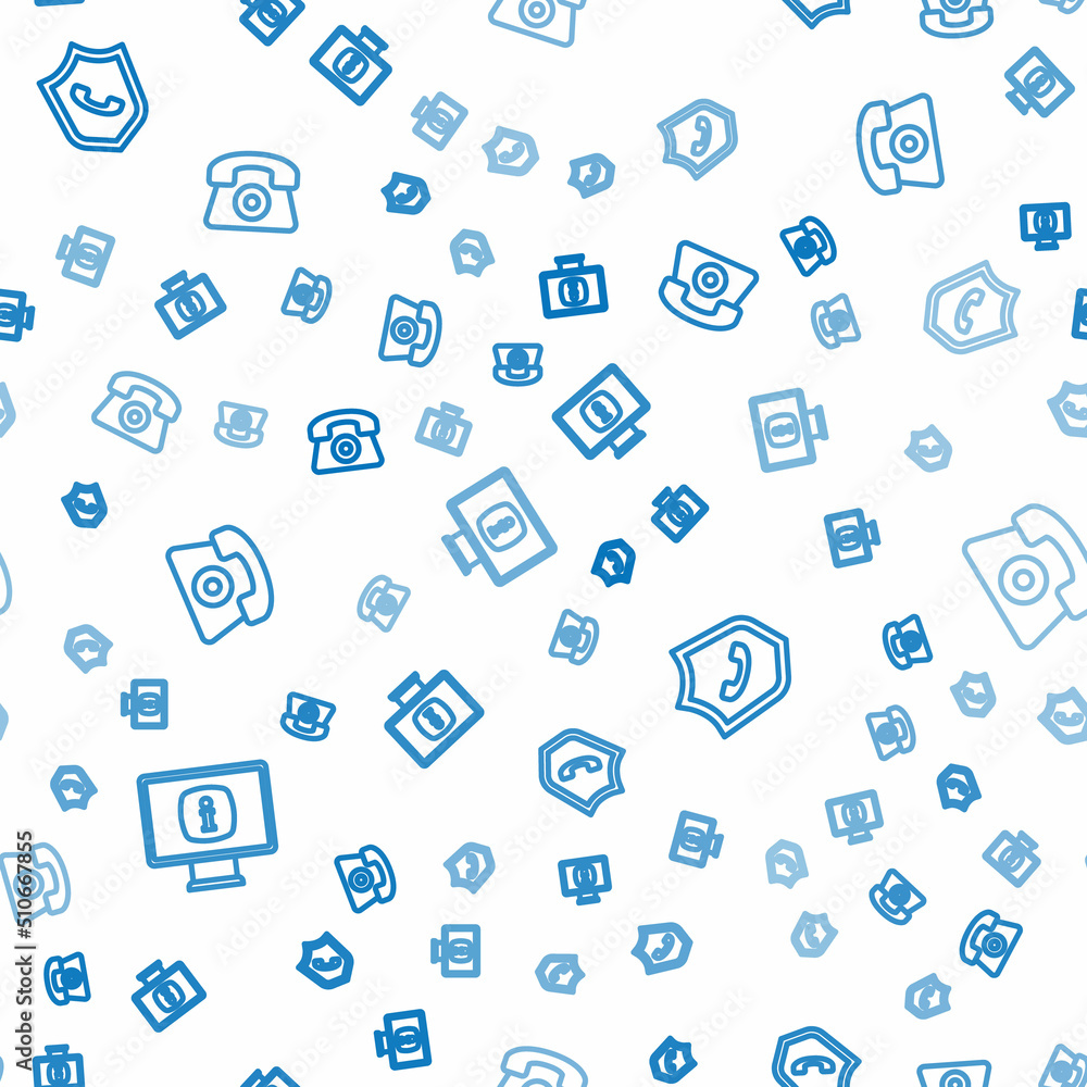 Poster set line monitor with information, telephone 24 hours support and on seamless pattern. vector