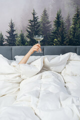 Woman is lying in bed raising hand holding glass filled with drink. Carefree and irresponsible life. Morning concept