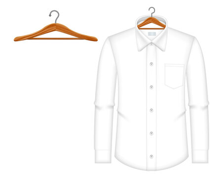 set of realistic man white suit isolated or white formal shirt wooden hanger with various hanger. eps vector
