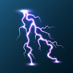 Realistic colorful lightning on blue background. Thunderstorm and lightning bolt. Sparks of light. Stormy weather effect. Vector illustration