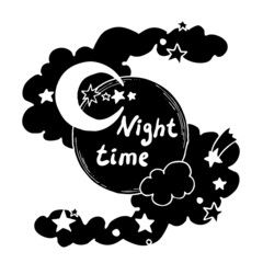 Good night theme frame with moon, stars and clouds on the dark sky. Quotes background, poster, card decoration. Hand drawn illustration. Cartoon retro vintage boho chalkboard style white line drawing.