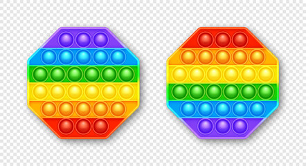 Colorful silicone anti-stress pop it toy. Trendy sensory game for children. Rainbow push pop fidget toy with brightly colored popping bubbles. Vector illustration