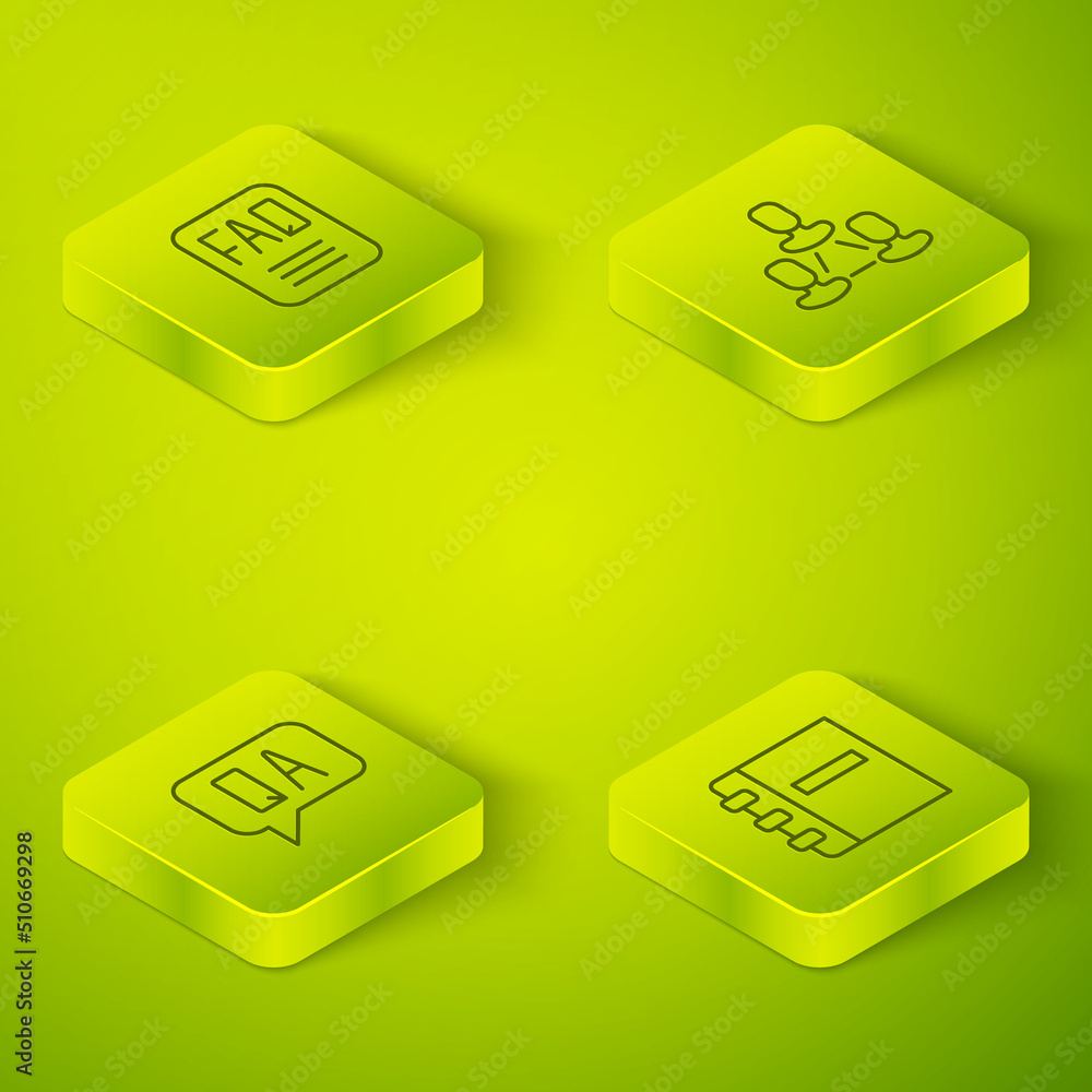 Poster set isometric line employee hierarchy, question and answer, notebook and faq information icon. vecto
