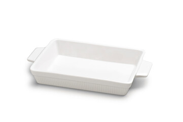 Simple white rectangular porcelain recipient with handles, isolated