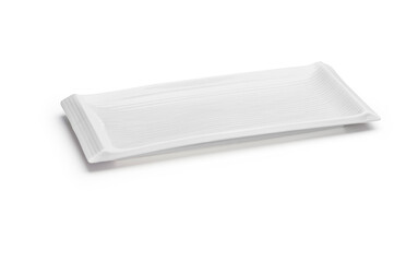 Simple white shallow rectangular porcelain serving plate, isolated