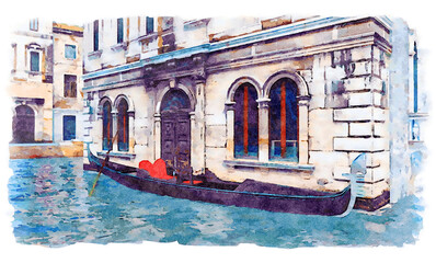 Watercolor sketch of empty traditional venetian gondola moored near scenic ancient building on water canal in Venice, Italy. With no people romantic cityscape - digital painting from my 3D rendering. © Marsea