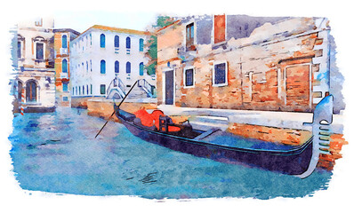 Watercolor sketch of empty venetian gondola on water canal in Venice, Italy with ancient buildings and old stone bridge on background. With no people cityscape - digital painting from my 3D rendering. © Marsea
