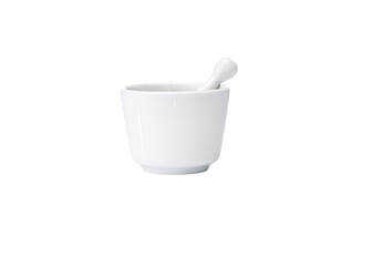 Front view of simple white ceramic pestle with mortar inside, isolated on white