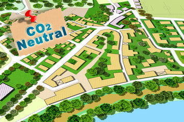 Fototapeta premium CO2 Neutral in construction industry - carbon dioxide mitigation in building activity - concept with an imaginary city map