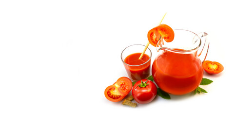 Fresh red tomatoes and a glass jug with juice on a white background.
Close-up, design, banner.