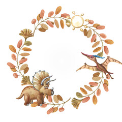Watercolor dino wreath. Brown dinosaur with plants. Floral frame with cute triceratops © lyubovyaya