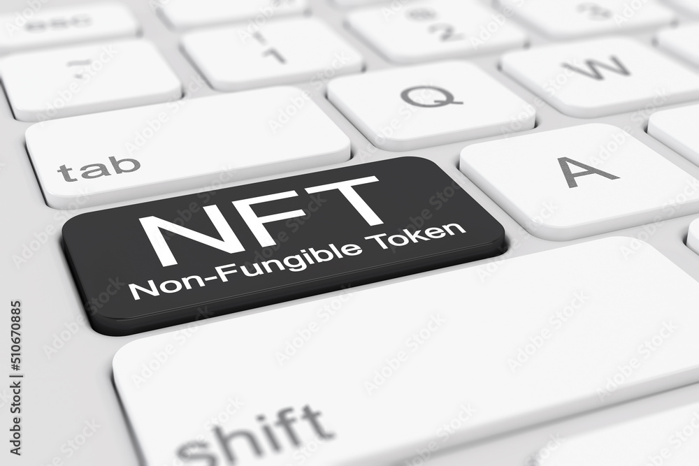 Poster 3d render of a keyboard with black nft button.