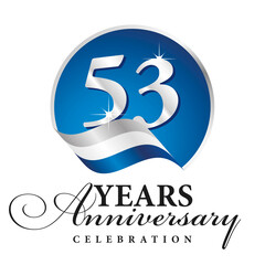 Anniversary 53 years celebration logo silver white blue ribbon background