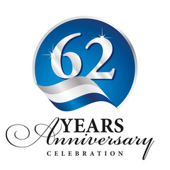 Anniversary 62 years celebration logo silver white blue ribbon background