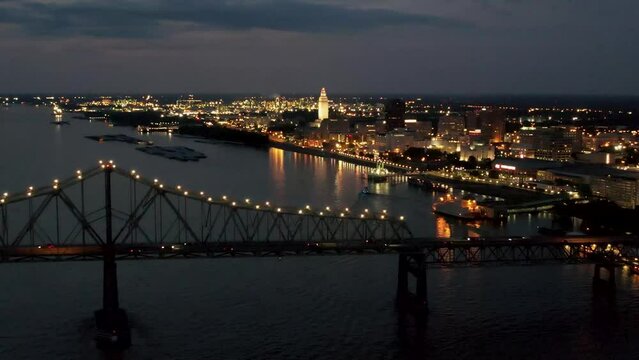 Mississippi River Bridge in Baton Rouge Louisiana and State Capitol at night